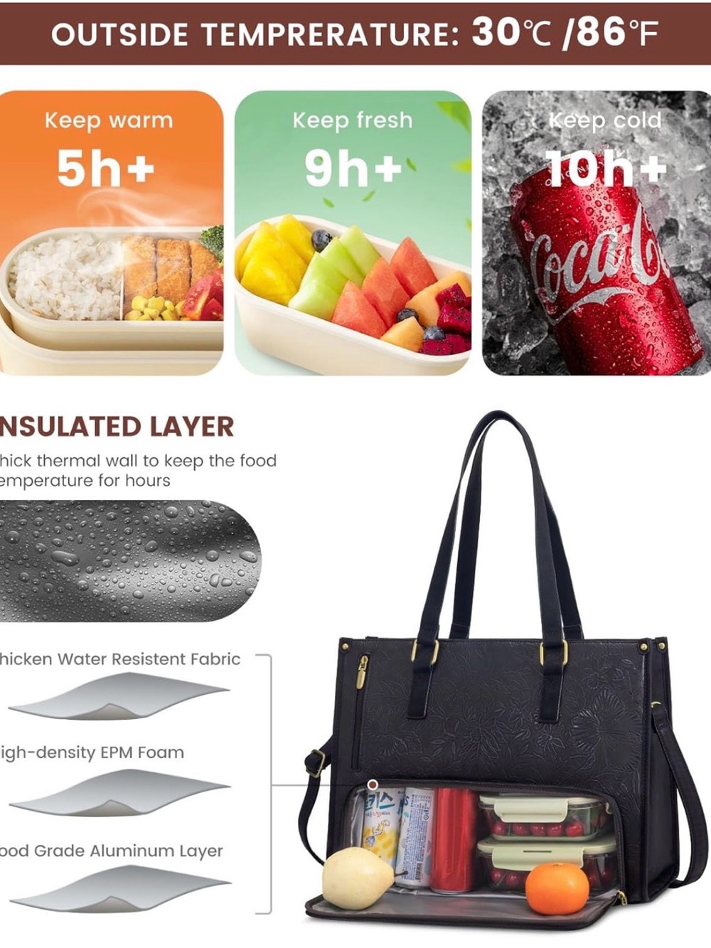 Insulated Black Floral-Embossed Tote - Picture 6 of 6